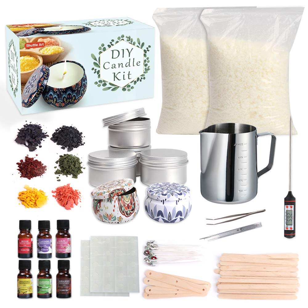 Shuttle ArtCandle Making Kit Supplies, Candle Making Kit for Adult, Complete DIY Beginners Set Including 1.4kg Soy Wax, 6 Fragrance Oil, 6 Colours Candle Dye, Wicks, Tins, Melting Pot and More
