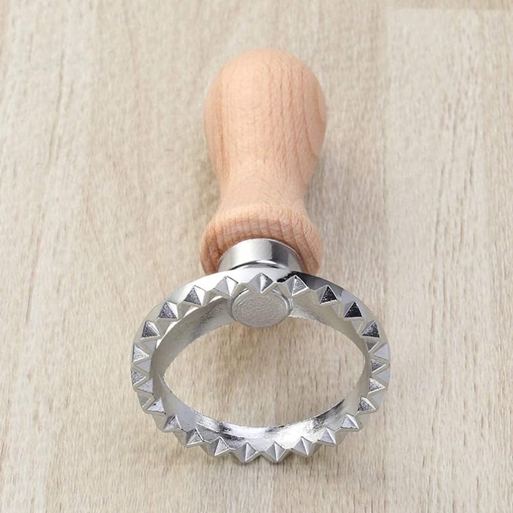 3-Piece Round and Square Dough Mold with Wooden Handle Roller Wonton Stamp Set, Used for Dumpling Biscuit Dessert Cutting