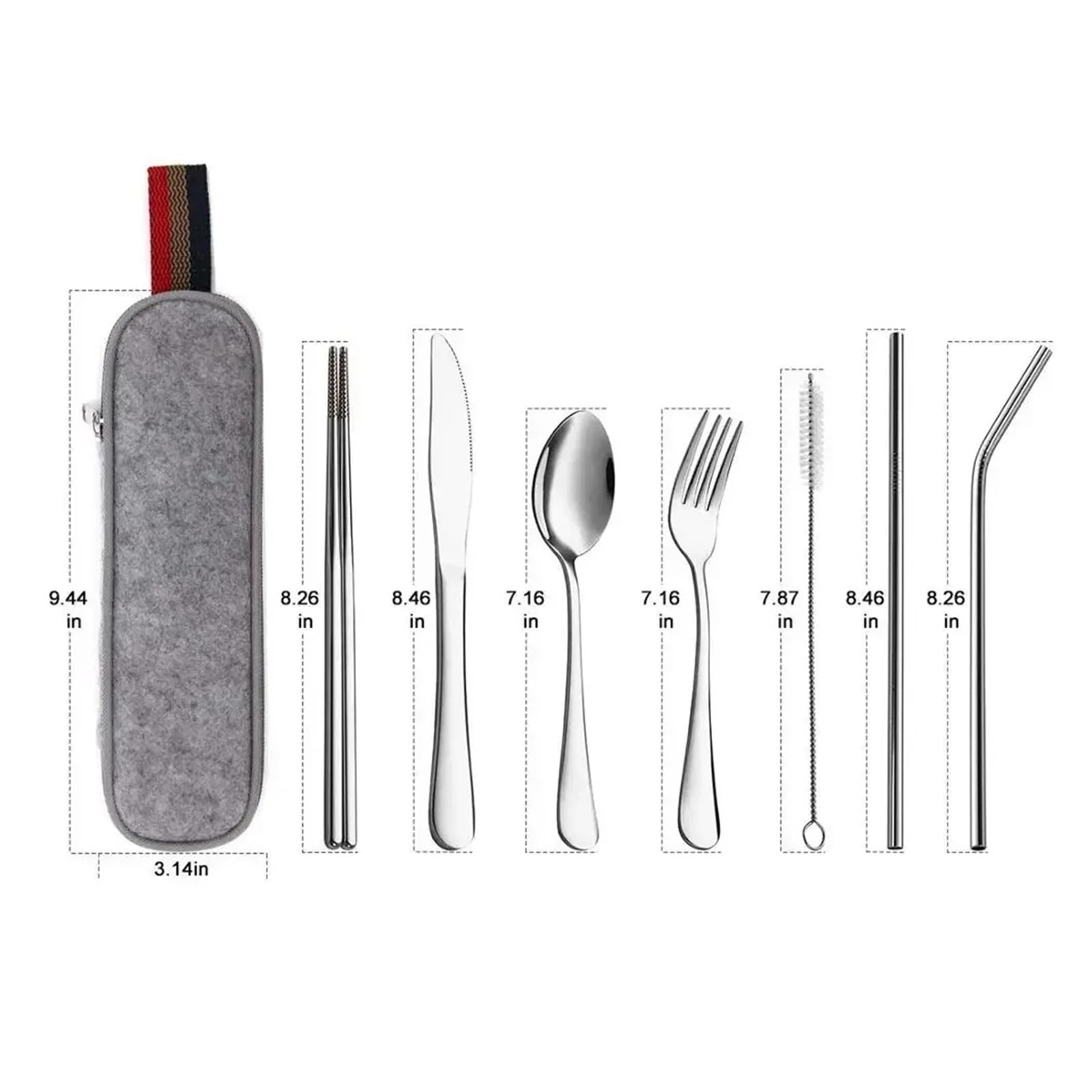 8 unids/set vajilla reutilizable juego de cubiertos viaje utensilios campamento con cuchara acero inoxidable tenedor palillos paja Estuche portátil(Purple)