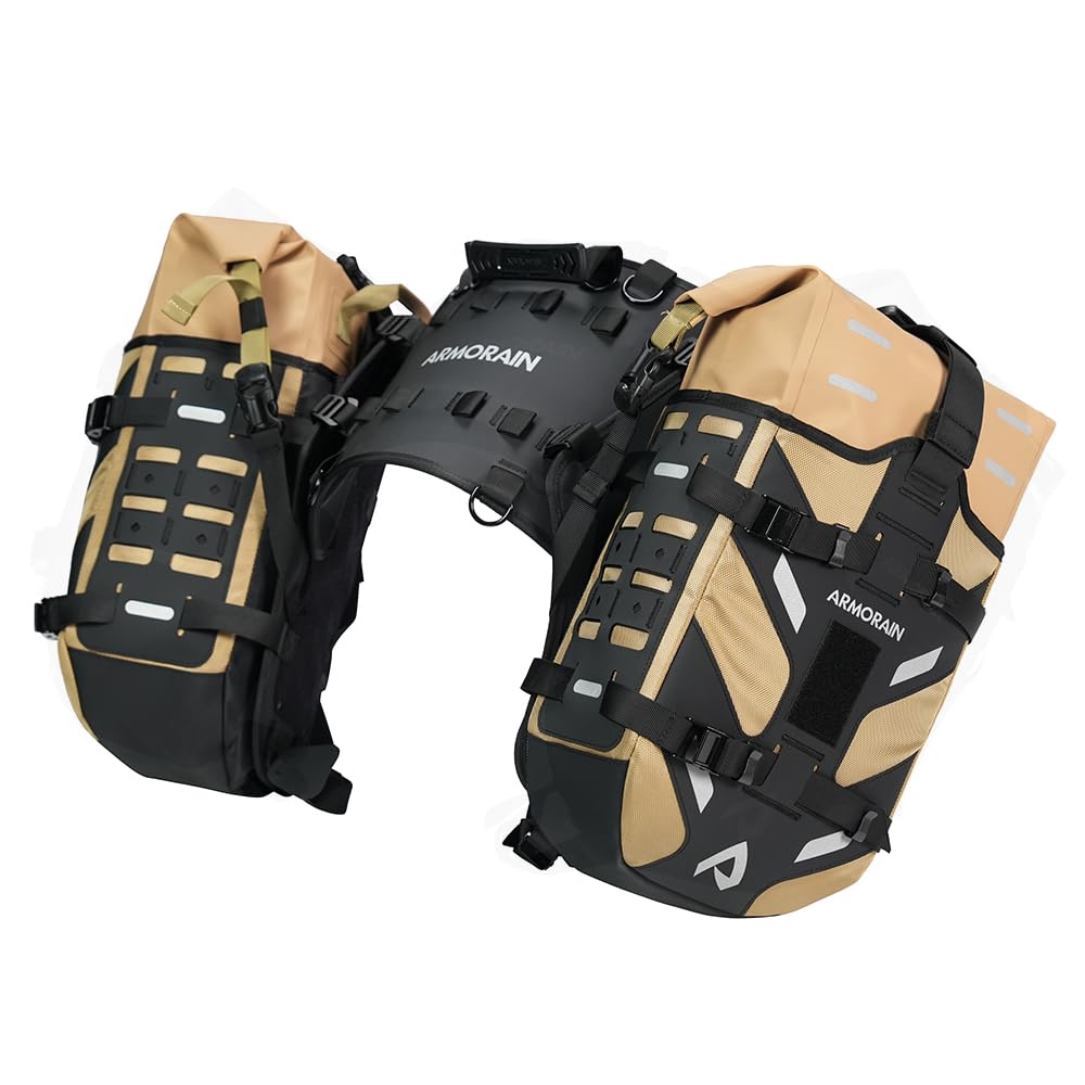 ARMORAIN オートバイ用サドルバッグ 防水 40L ラックレス・ラゲッジシステム ベース取り外し可能 2026年新デザイン アドベンチャー・ライディングギア用 (20L×2) (Khaki)