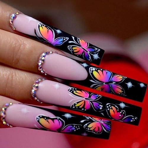 ANDGING Uñas postizas extralargas a presión con punta francesa de ataúd negro con diamantes de imitación, diseño de mariposa, estrella, cuadrado,