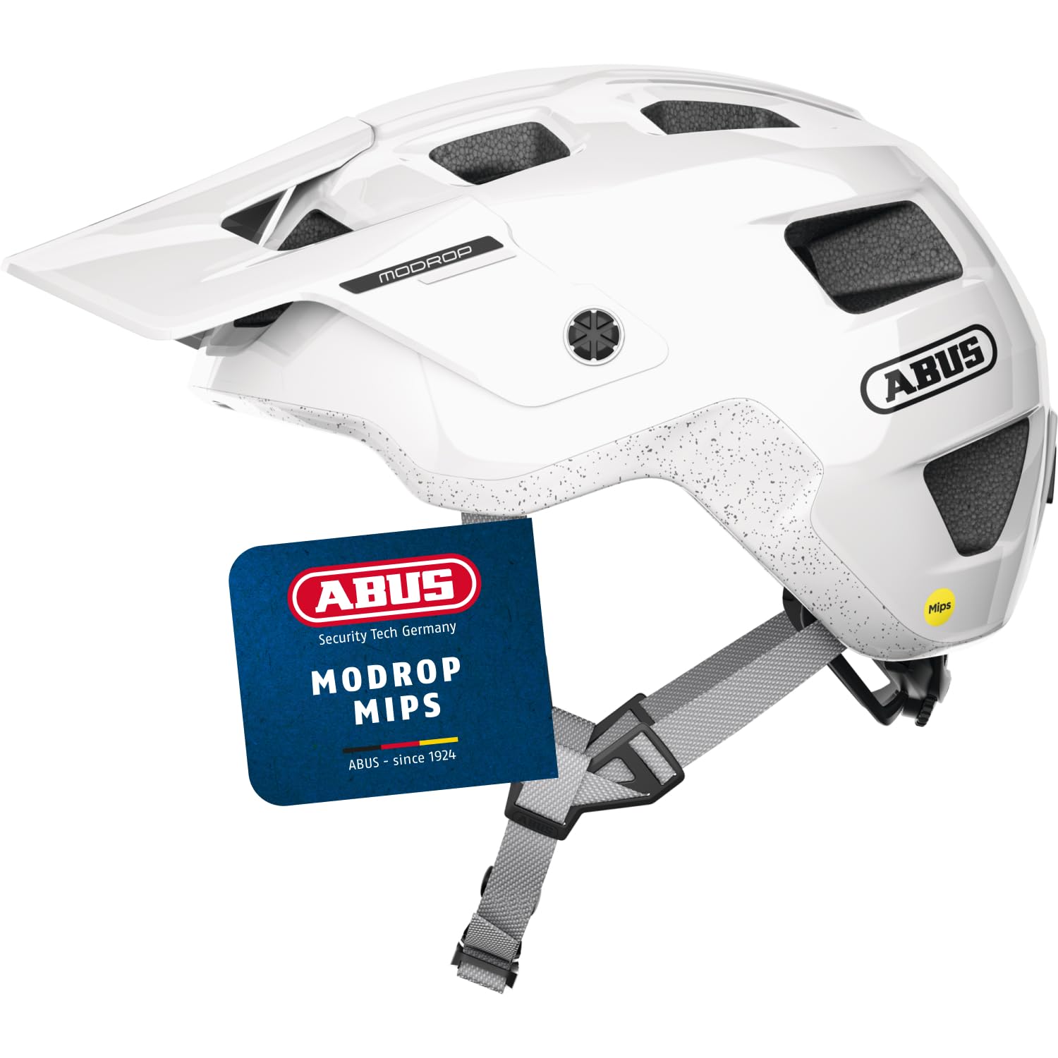 ABUS Casco MTB MoDrop MIPS, Blanco, M para Ciclismo Offroad | Casco de bicicleta con protección MIPS, sistema de ajuste Zoom Spin, con abertura para coleta
