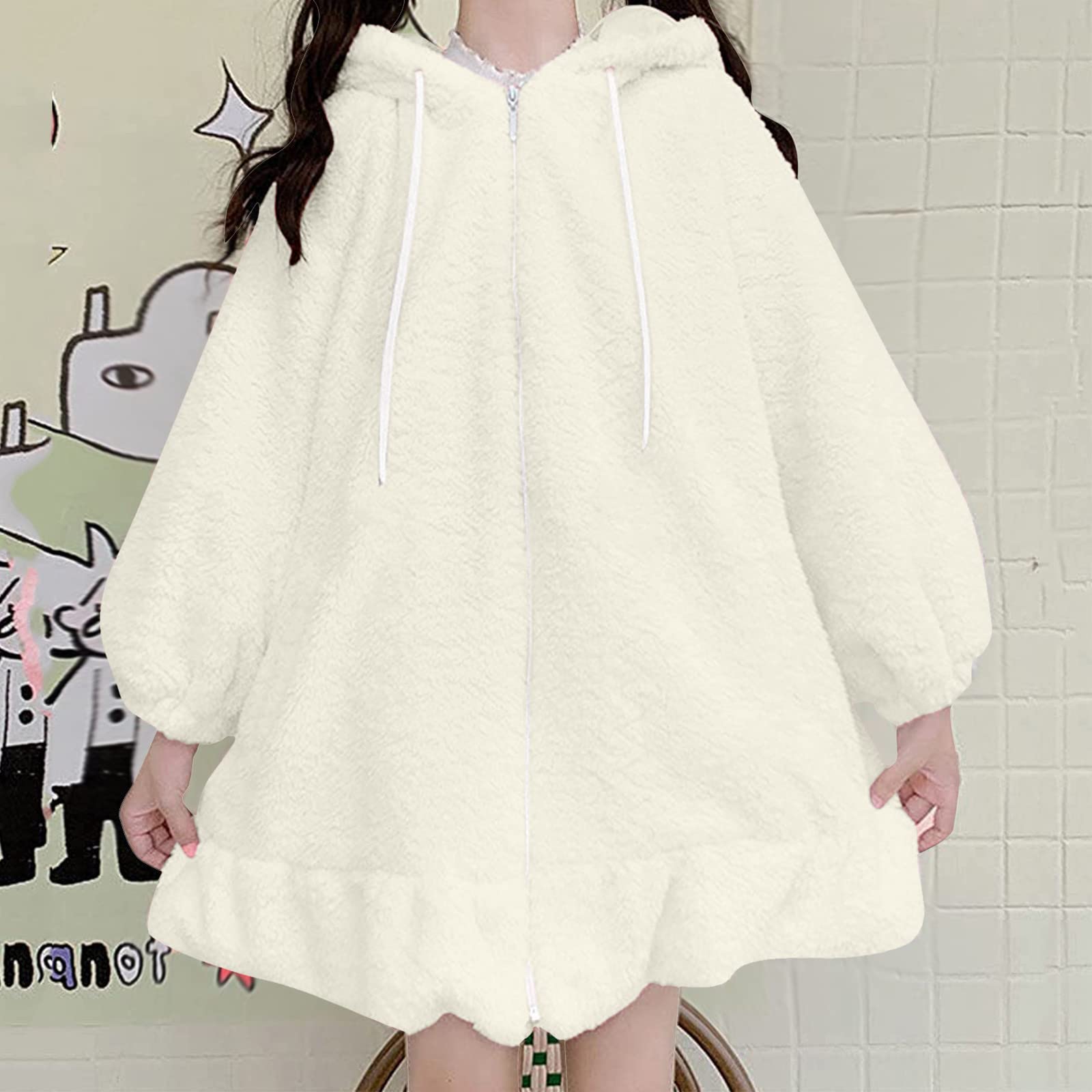 Kaninchen-Kapuzenpullover mit Hasenohren, niedlicher Tier-Kapuzenpullover mit Hasenohren, durchgehender Reißverschluss, Kapuzenpullover für Damen, Hasenjacke mit Ohren, Hasen-Kapuzenpullover mit Ohren