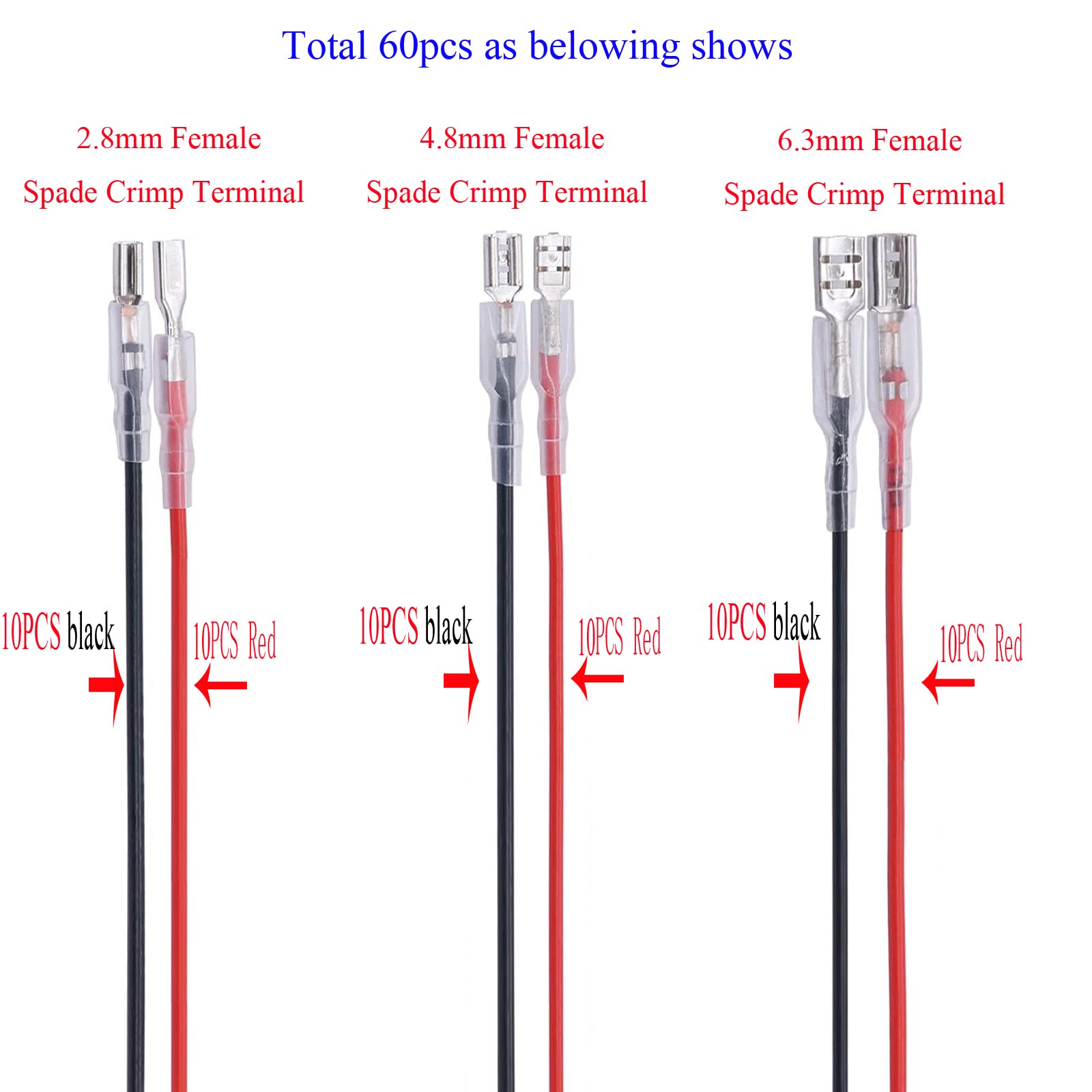 Bstenky 60Pcs 2.8mm 4.8mm and 6.3mm Female Spade Crimp Terminal with Insulating Sleeve and Wire,Female Spade Quick Splice Connector Assortment Kit with 25cm red Black Wires - Image 2