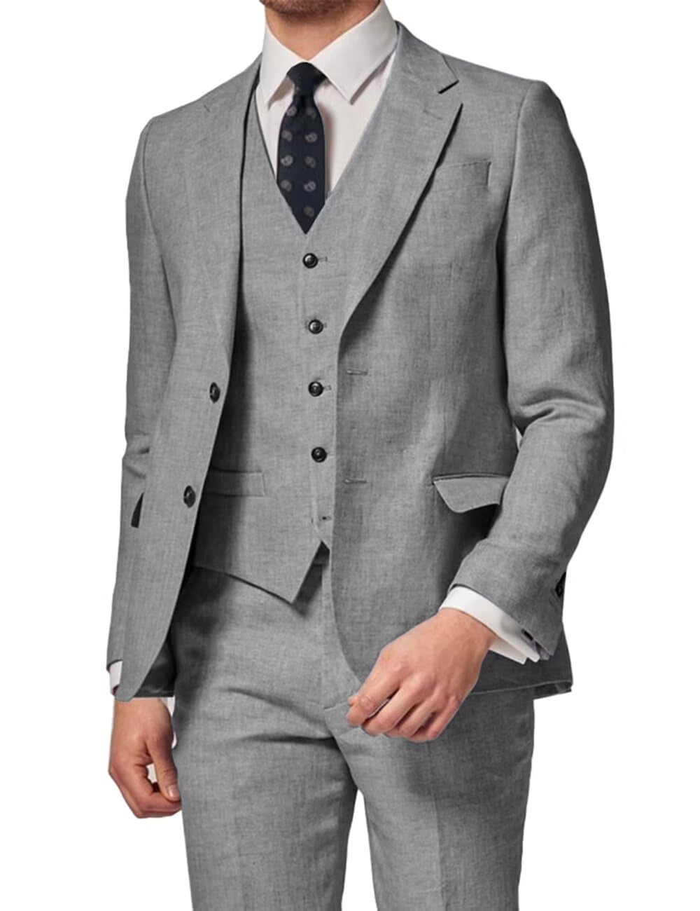 3 Piece Summer Linen Suits for Men, Men's Slim Fit Suit Set Two Buttons Casual Solid Blazers Vest Pants Set for Wedding Party