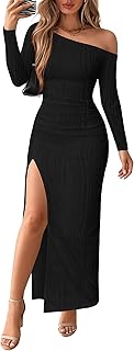 Lazysmile Womens Long Sleeve Maxi Dresses Off Shoulder Bodycon Cocktail Formal Wedding Guest Slit Long Dress Fall Outfits