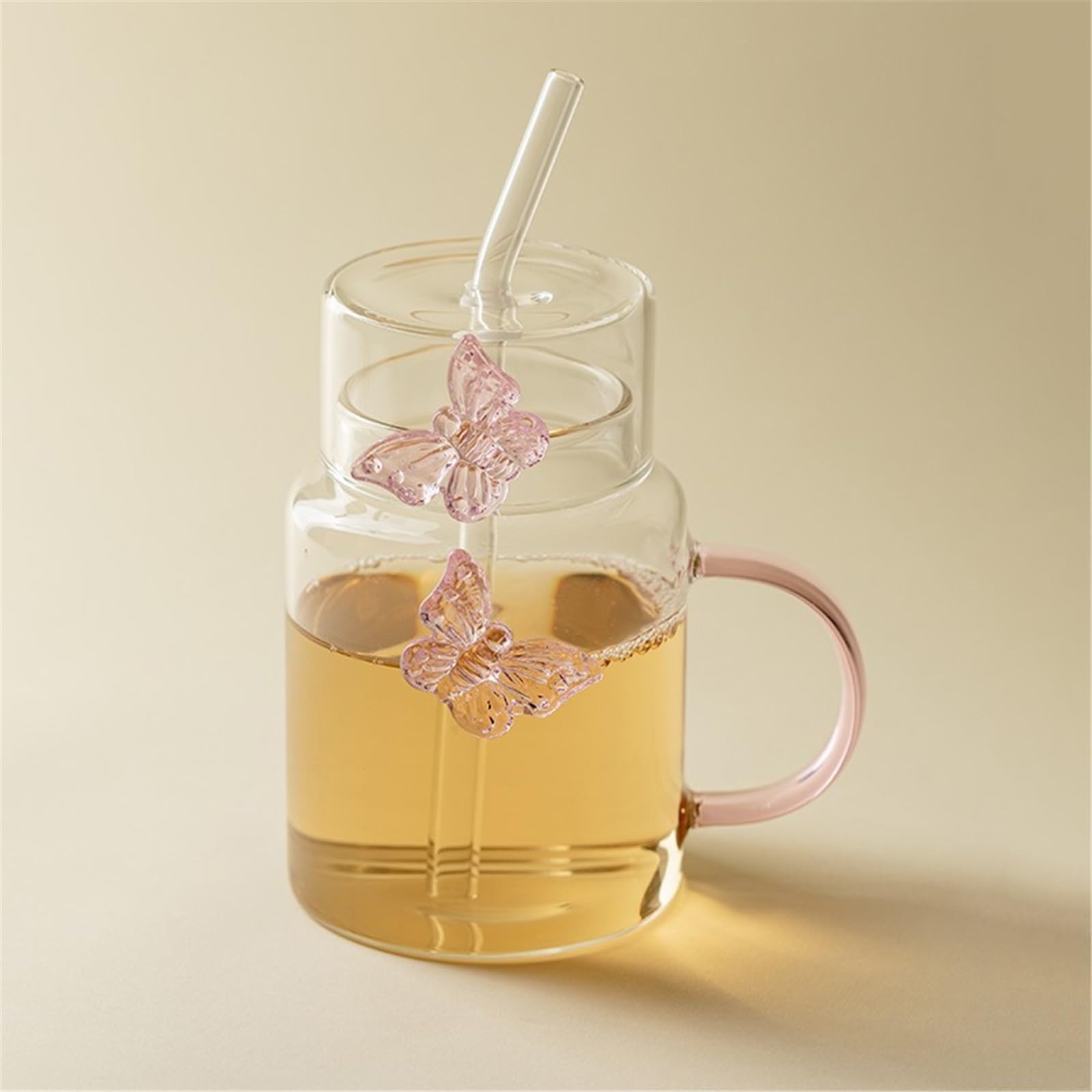 Verres à boire Verres transparents avec papillon rose en 3D, 44 cl (15 oz), verre borosilicate, couvercle et paille, for boissons chaudes ou froides Gobelets en verre