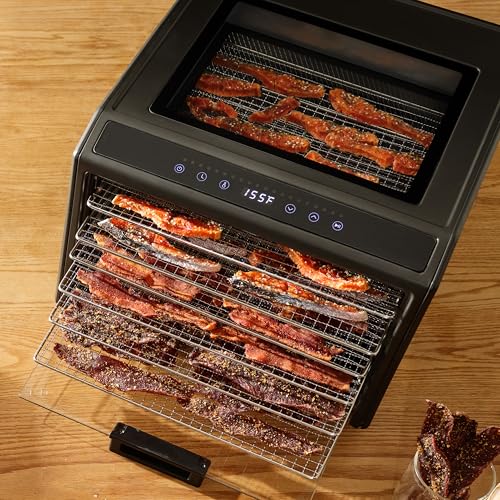 Image of Excalibur Electric Food Dehydrator Performance Series 6-Tray with Adjustable Temperature Control Includes Stainless Steel Drying Trays Glass Door Top View Window and LED Display Progress Bar, Black
