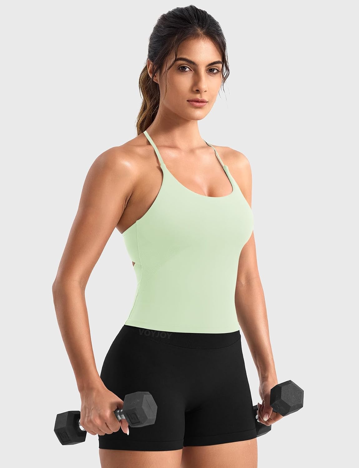 VOYJOY Twist Back Workout Athletic Tank Top Built in Bra U Neck Crop