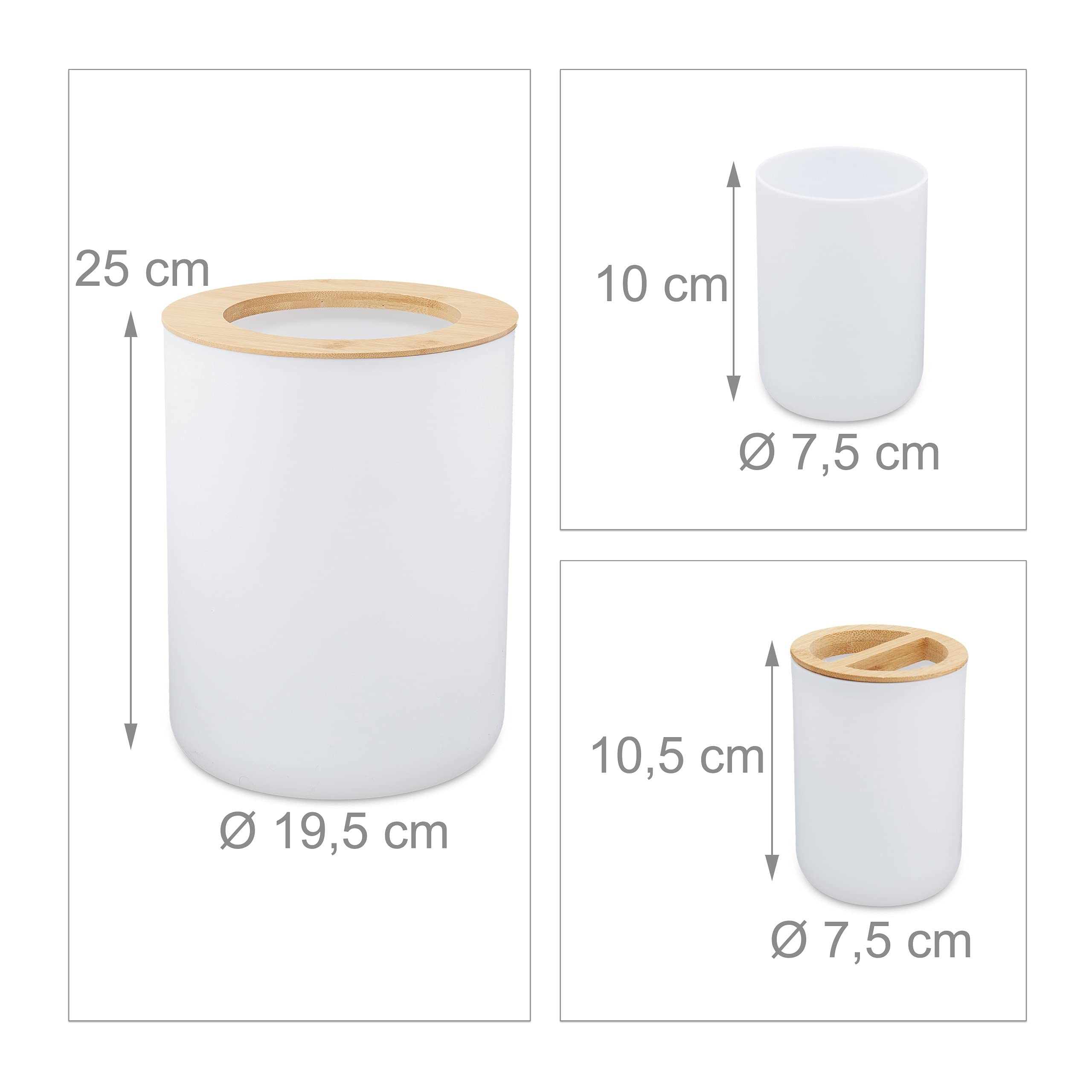 Relaxdays Accesorios de Baño 6 Piezas, Dispensador Jabón, Vaso, Portaescobillas, Bambú, Plástico, Blanco
