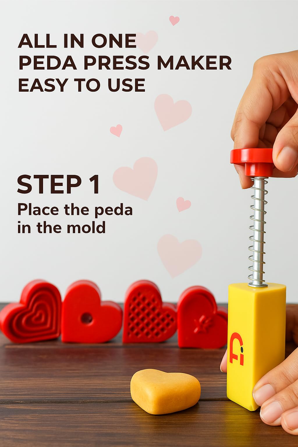 APOLLINE INDIA® Love-Themed Sweet Press Tool – 1.5 inch Heart Shape Mawa Peda & Cookie Maker | 5 Molds with Spring Handle | Sweet Fast Stamping Ideal for Festive Gifting (Pack of 1) 2