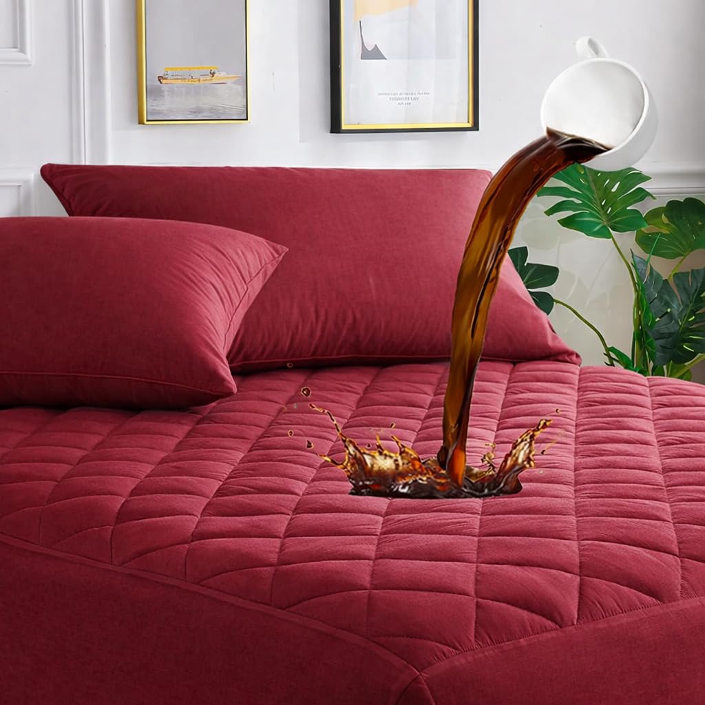 Terry Cotton Quilted Mattress Protector Queen Size (78x60Inches)_with 8 Inch Drop,Six-Sided Mattress Cover,Maroon Color 240GSM TPU Laminated Quilted Mattress Protector-image-31