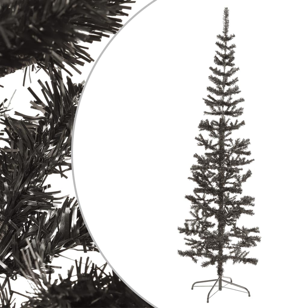 Árbol de Navidad artificial negro de 210 cm, delgado, de PVC, con 435 puntas de abeto y soporte de acero, diseño moderno, robusto y duradero, para salón, pasillo y oficina