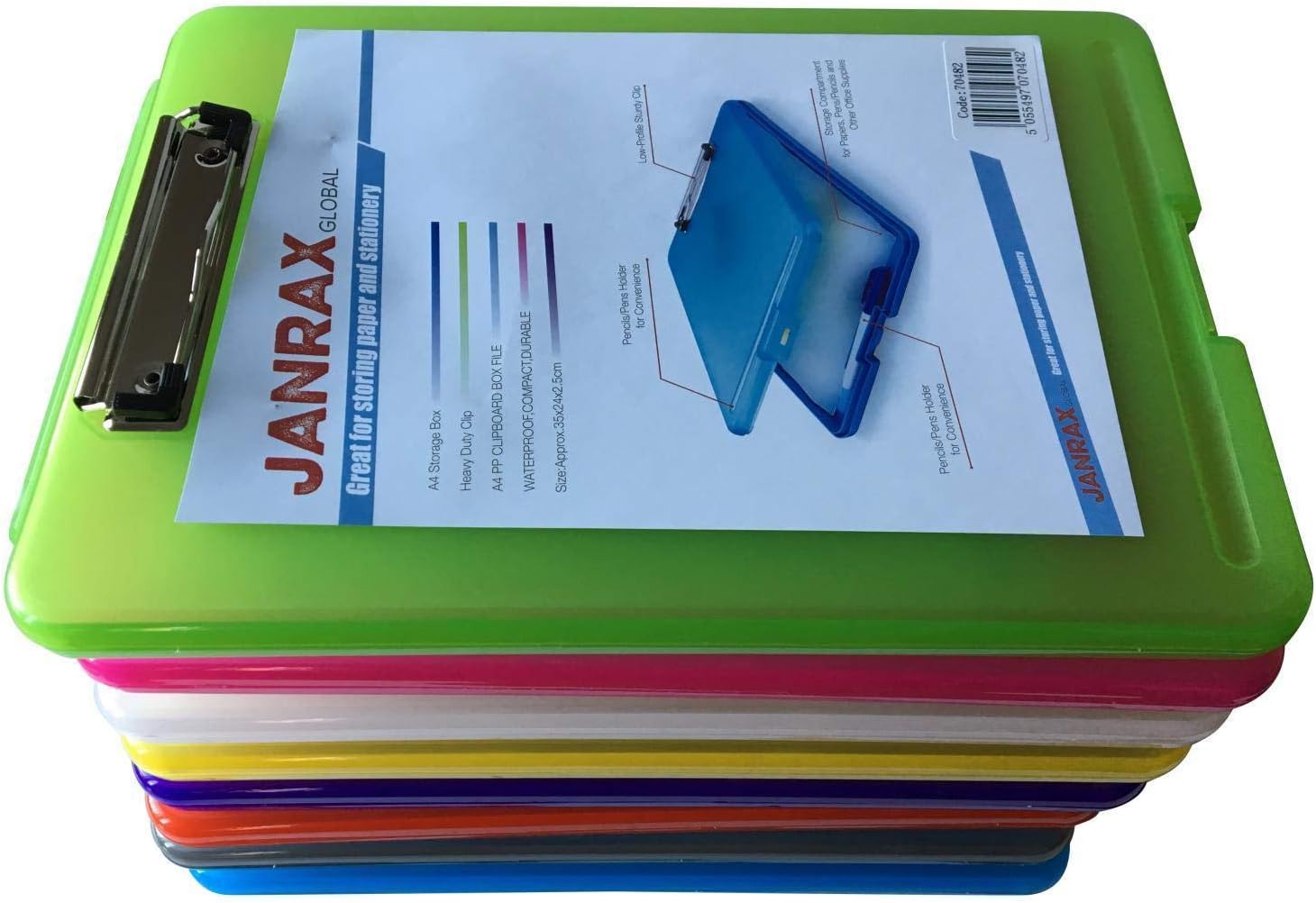 Pack of 8 Assorted Colour A4 Clipboard Box Files