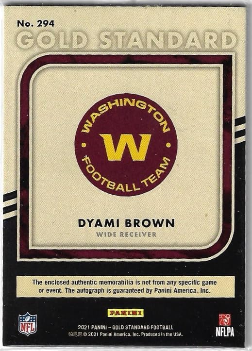 Dyami Brown Autographed & Serial Numbered #051/149 Rookie Jersey Parallel Triple Jersey Game Used Memorabilia Relic Rookie Card Collectible Football Card - 2021 Panini Gold Standard Collection Football Card #294 (Commanders)