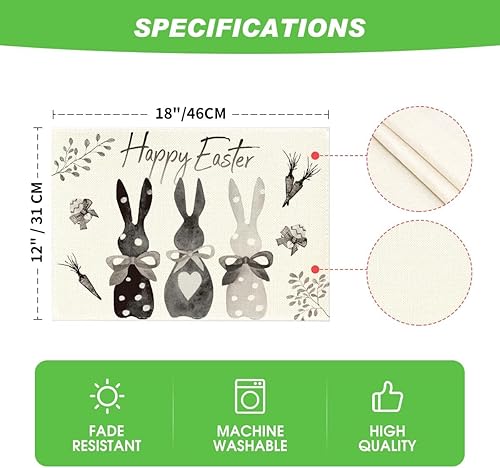 Miniatura 6 de Artoid Mode Juego de 4 manteles individuales de primavera de 12 x 18 pulgadas con diseño de conejo de conejo blanco y negro, para decoración de