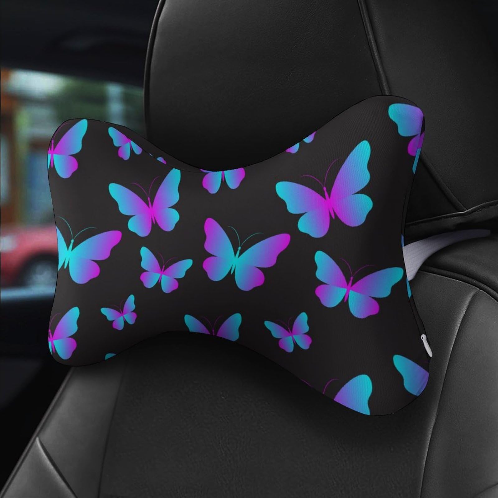 SMAZDFXX Neon Butterfly Car Neck Pillow Set of 2 Car Seat Head Support Cushion Bone Pillows with Elastic Strap