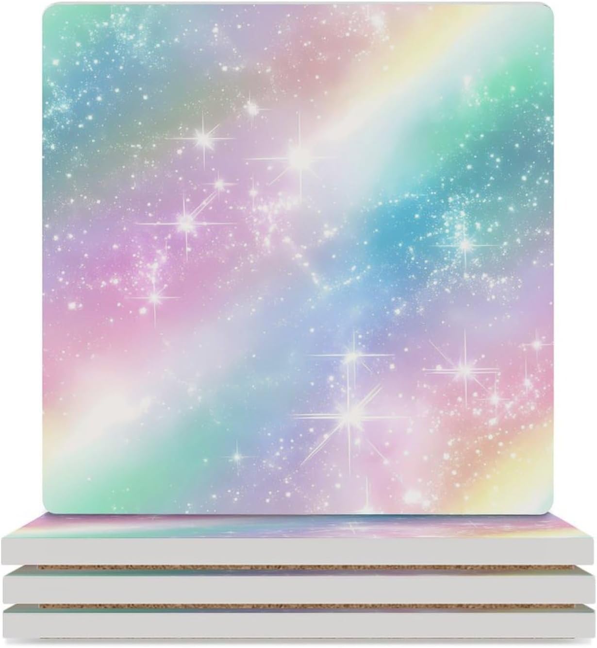 Rainbow Starry Sky Blue Purple Coasters for Drinks Square Ceramic Coasters Cup Mats with Cork Base