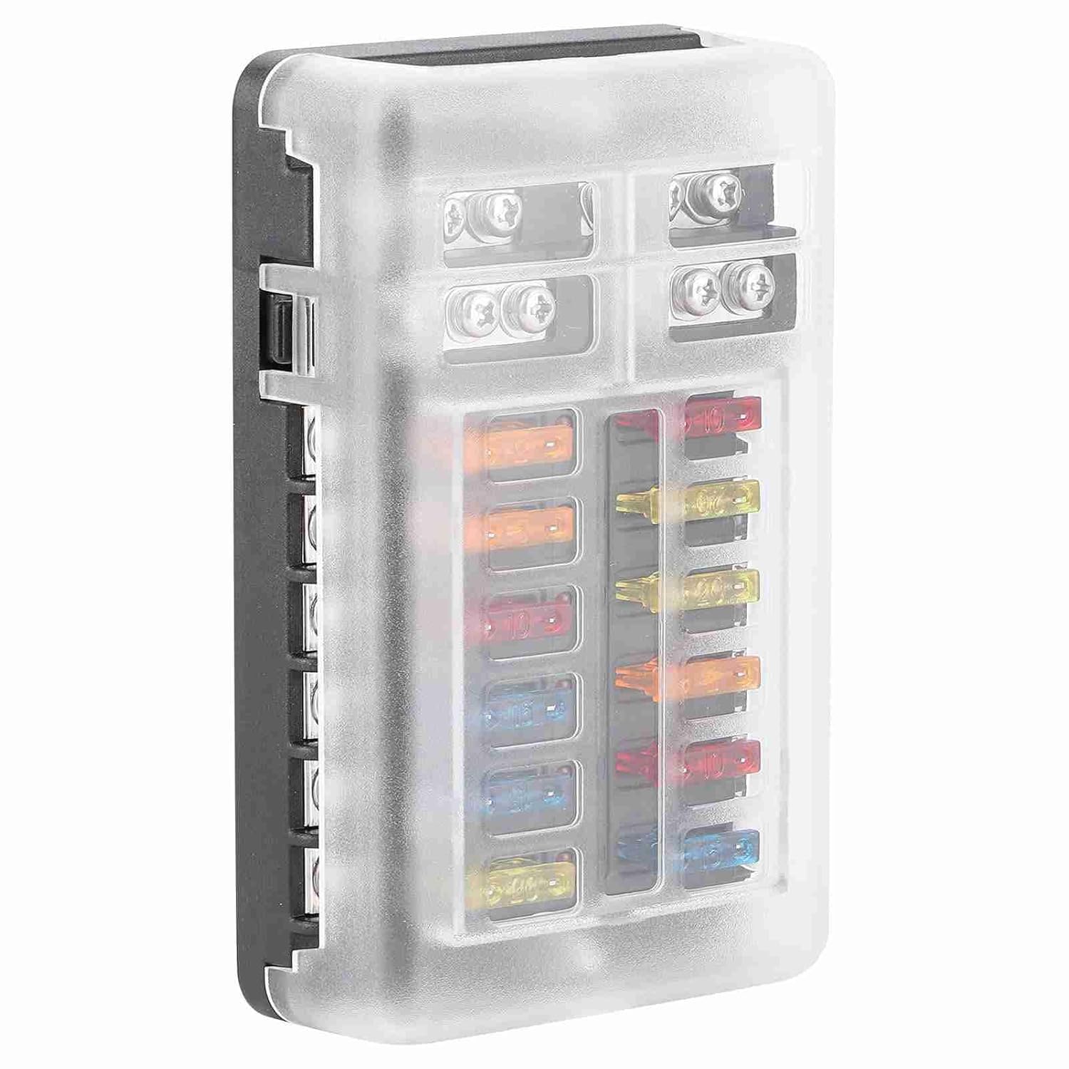 Brilluxa Fuse Block, 12 Circuit Blade Fuse Box Fuse Panel with LED Fault Indicators, ATC/ATO Fuse Holder for 12V/24V DC Car Truck RV Yacht Marine Boat Wiring Power Distribution