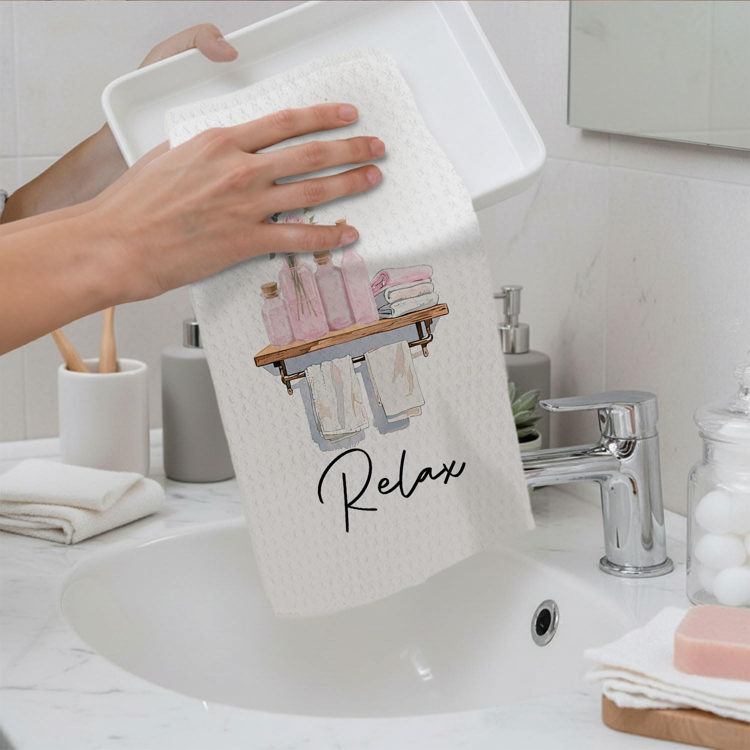 Pink and White Rose Decor Bathroom Hand Towels, Rustic Rose Flower Botanical Breathe Unwind Soak Relax Decorative Hand Towel for Bathroom Washroom Spa Gym, 16x24 Inch Set of 4 - Image 3