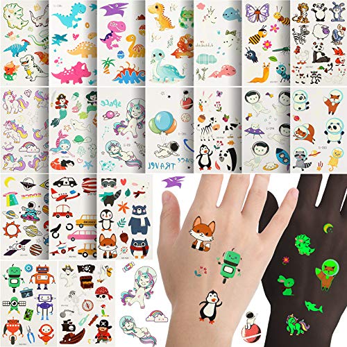 20 Sheets Temporary Cartoon Tattoos Luminous Tattoos Stickers Waterproof Tattoos Sticker Dinosaur Unicorn Space Animal Themed Tattoos for Kids Boys Girls Birthday Party Decorations