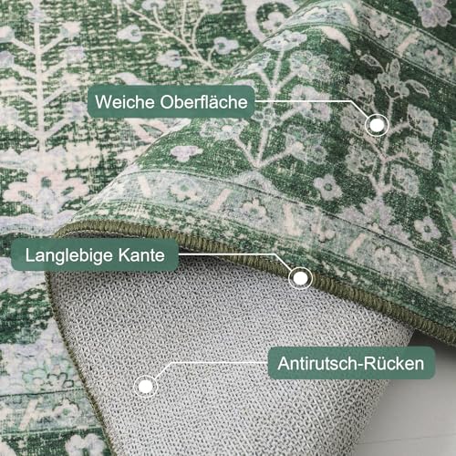 WONGS BEDDING Vintage Waschbar Teppich Boho Blumen Kurzflor 120x170cm, Grün – Ansicht 3
