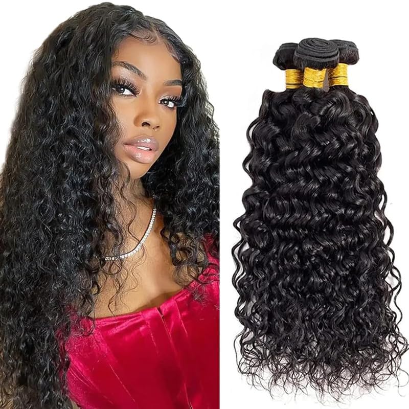 Water Wave Human Hair Bundles 8 10 12 Inch Curly Bundle Human Hair 100% Unprocessed Brazilian Virgin Hair 3 Bundles for Women Wet and Wavy Hair Bundle Extensions Natural Black Human Hair Bundles