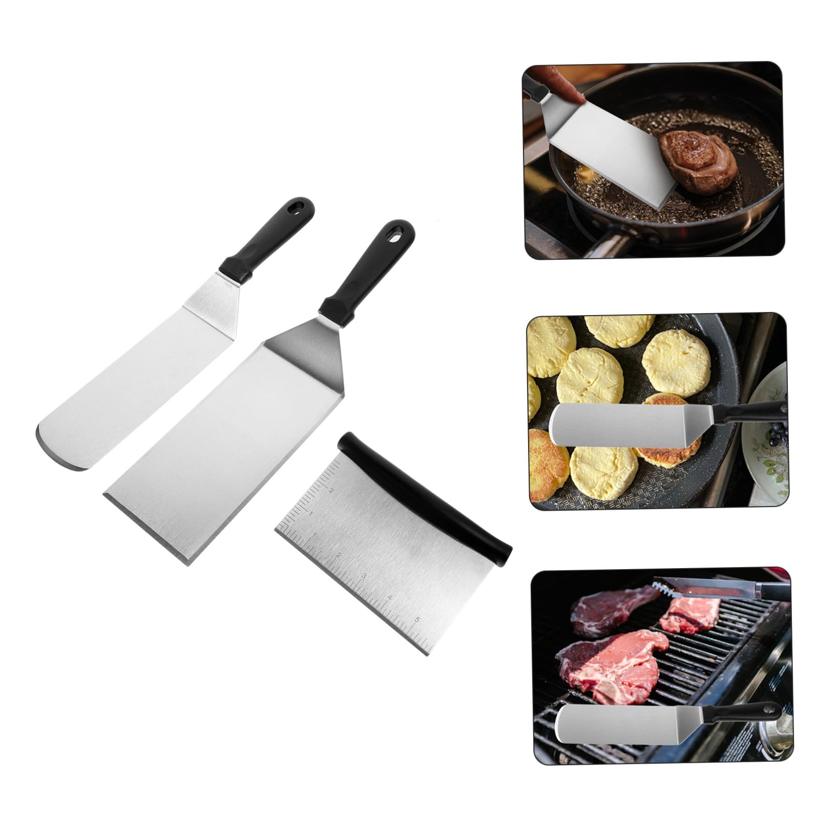 TOYANDONA Lot de 3 Set de Set de Spatules à Steak en Acier Inoxydable Poignée en Pp Argentée, Ustensiles Cuisine pour Cuisson et Retournement, pour Barbecue et Teppanyaki