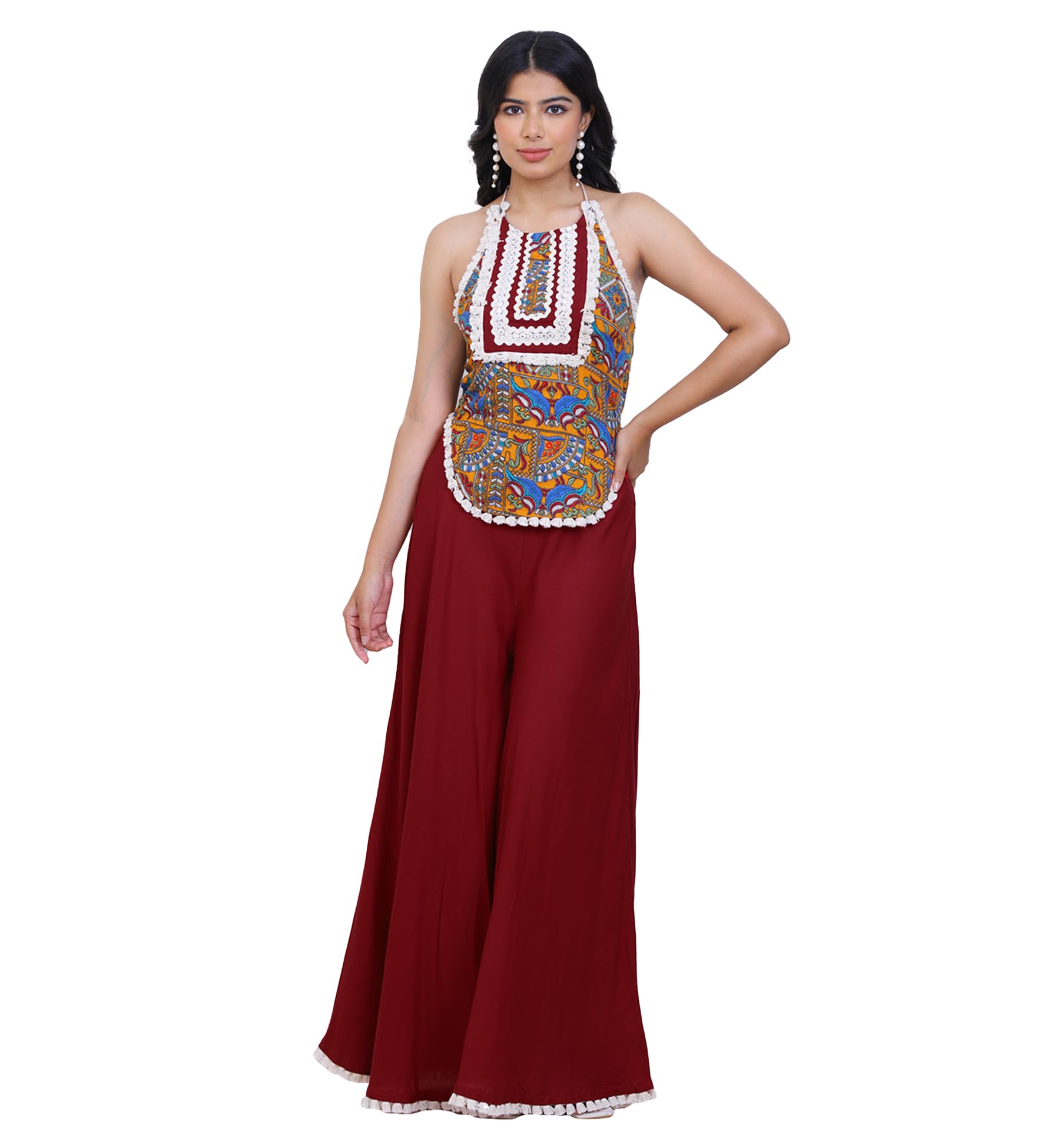 deebaco Abstract Print Rayon Top & Palazzo Indo Western Co-Ord Set For Women's|Halter Neck Casual Fashionable Cord Set|Ladies Party Outfits Summer Collection Stylish Fusion Wear-picture-55