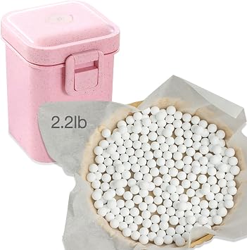 Hommtina 2.2Lb Ceramic Pie Weights Baking Beans Pie Crust Reusable 10mm Weights Natural Ceramic Stoneware with Wheat Straw Container 35 Oz Total Pink