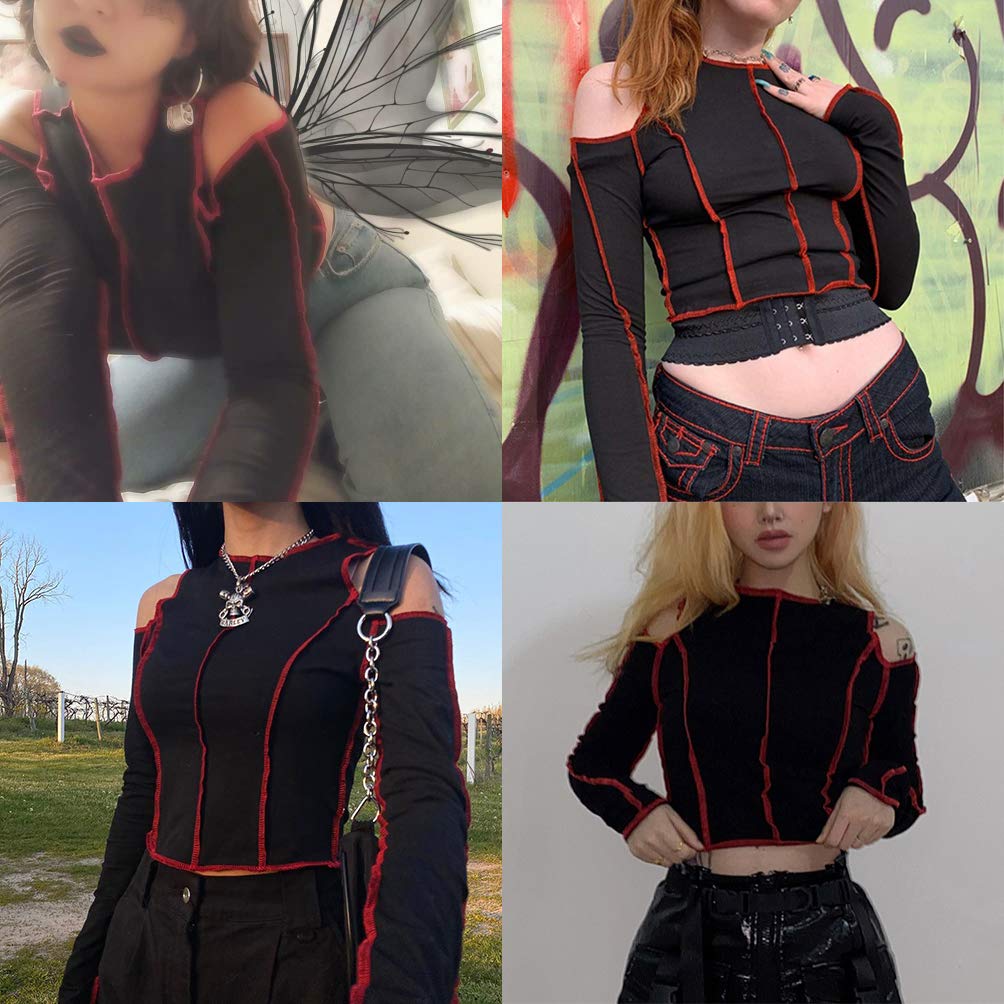 FAIMILORY Women's Streetwear Patchwork E Girl Shirts y2k Contrast Stitch Crop Top
