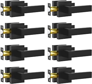RAZCC Matte Black Passage Door Levers 8 Pack - Heavy Duty Square Non-Locking Handles for Hallway Closet, Reversible Interior Door Knobs