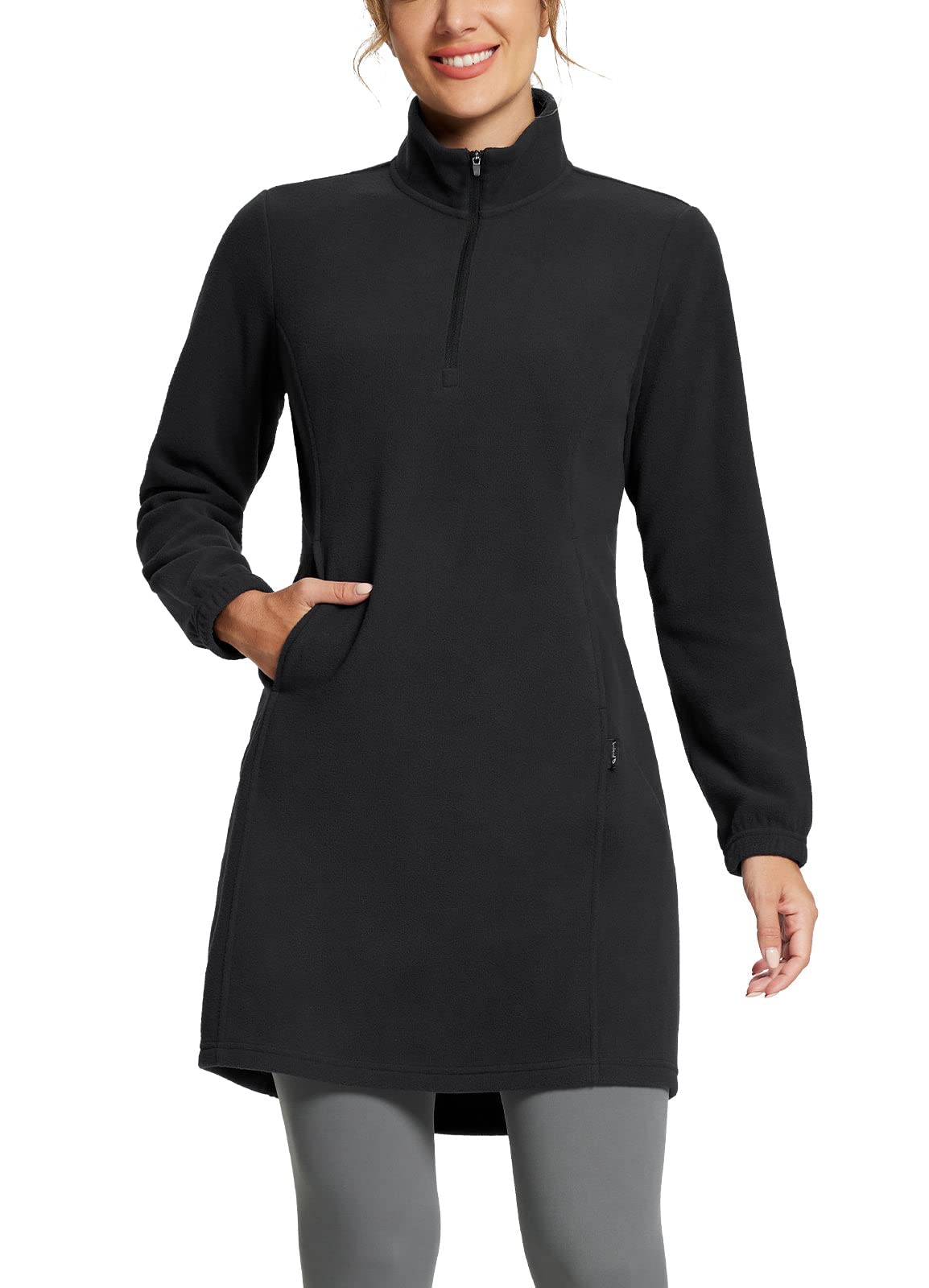 Women's Fleece Dress Sweatshirt Long Tunic Quarter Zip Pullover Polar Winter Warm Thermal Travel Dress with Pocket