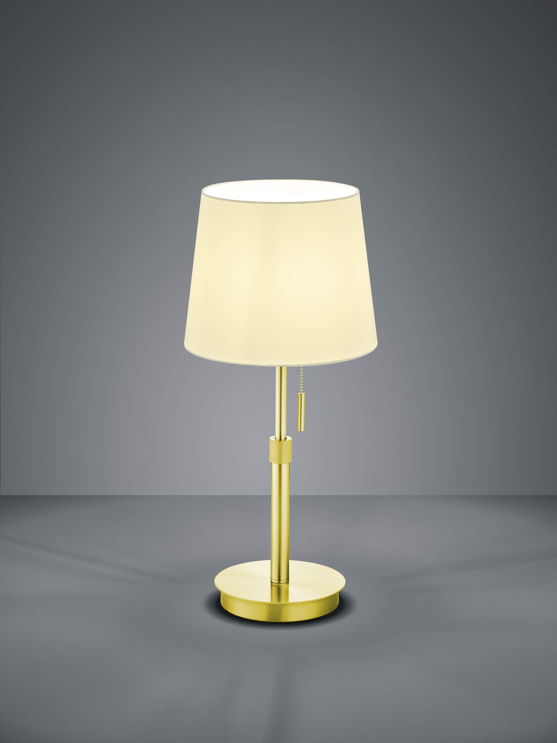 Trio Leuchten Moderne Tischlampe LYON mit verstellbarem Fuß in Messing matt, Stoffschim in Weiß und Zugschalter