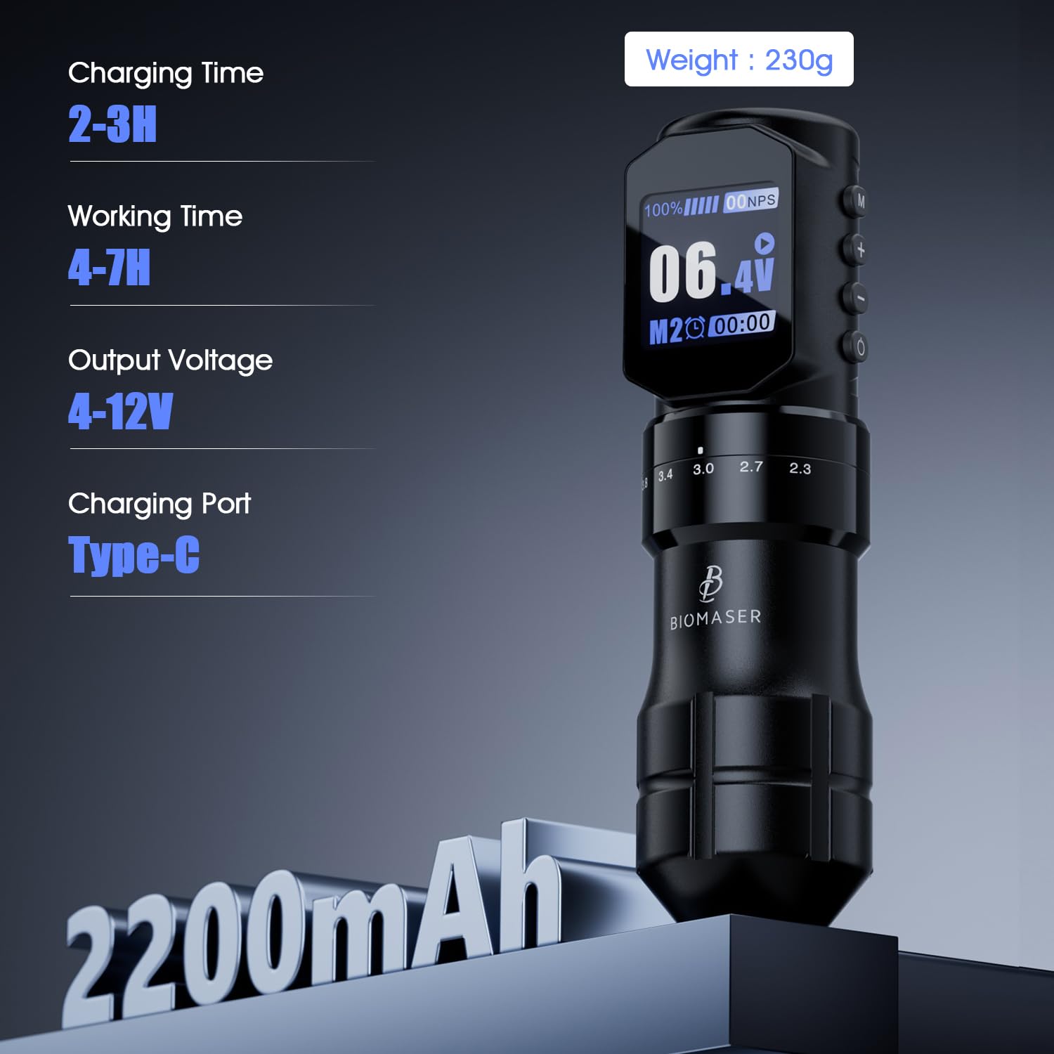 Biomaser Komplettes Kit mit 2200mAh Batterie Wireless Rotary Pen 20 Stück Kartuschen-Nadeln Digitales LED-Pen-Maschine 4,5 mm Hub Länge Kabelloser Maschinen-Pen für Anfänger