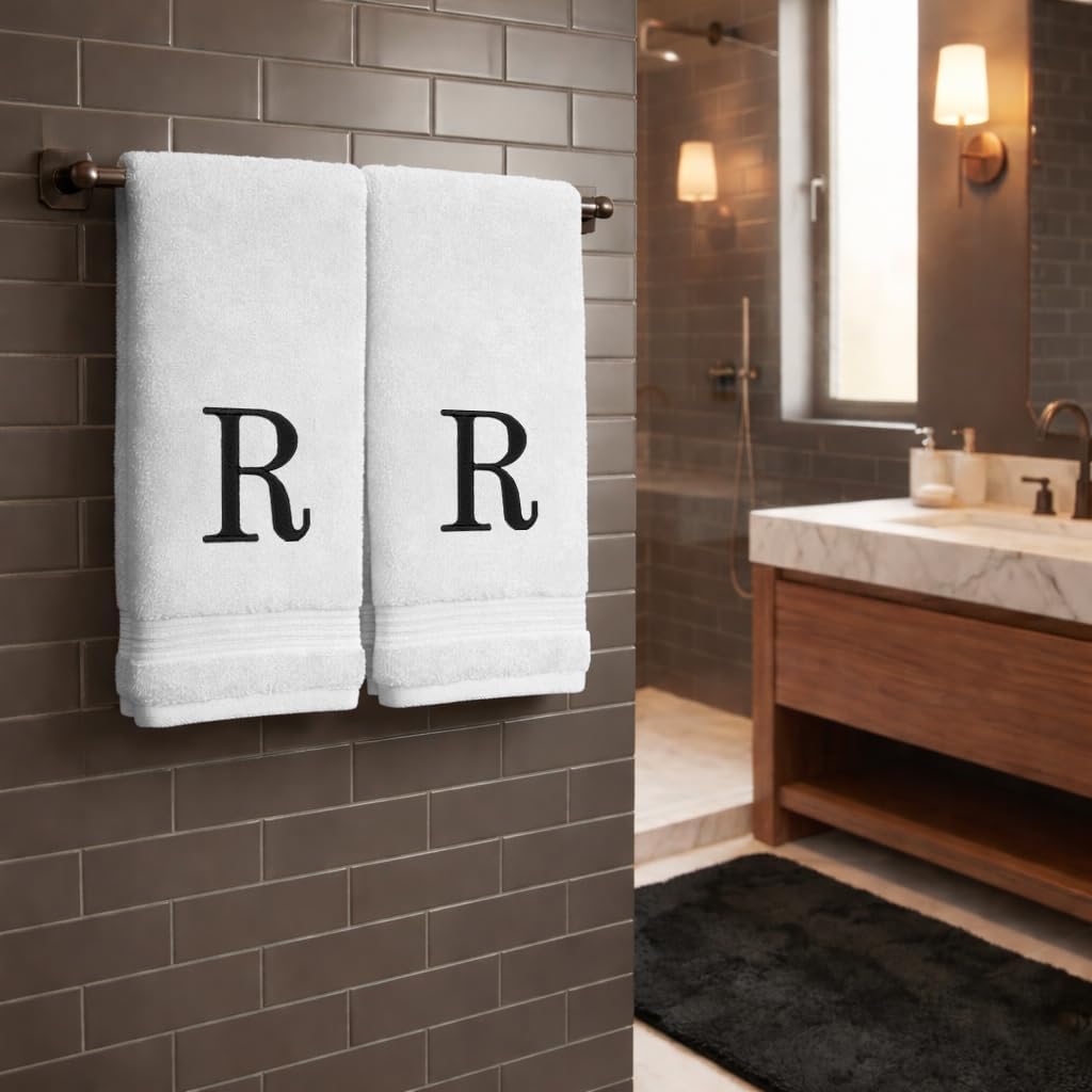 White Hand Towels for Bathroom with Monogram | Luxury Cotton Turkish Towels | Embroidered in USA | Set of 2 | Choose Set Color and Letter | A - Z | Modern Font