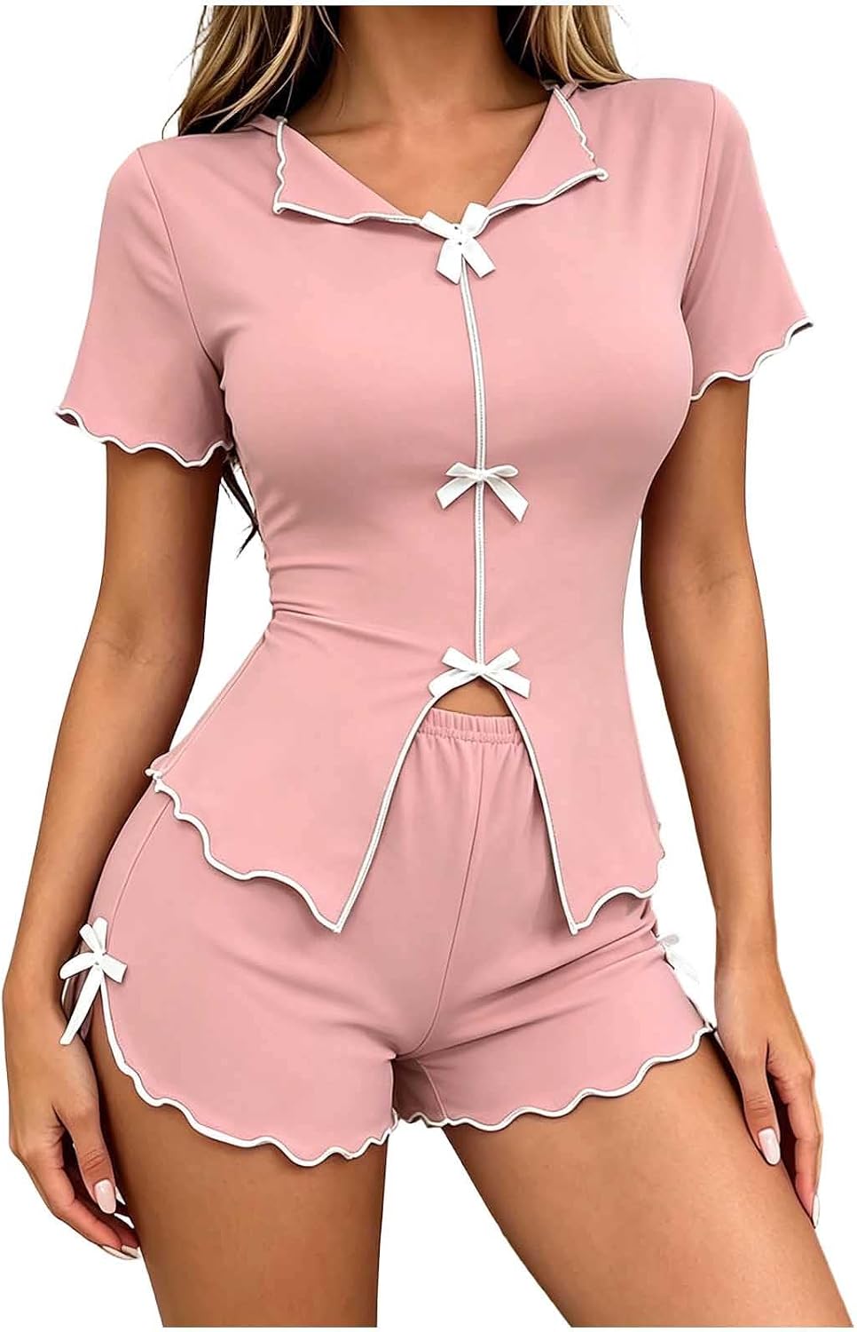 Womens Shorts Bridesmaids Pajamas Sets 2pc Pjs Stylish Bow Knot Slim Fit Tops Ruffle Sleepwear Honeymoon