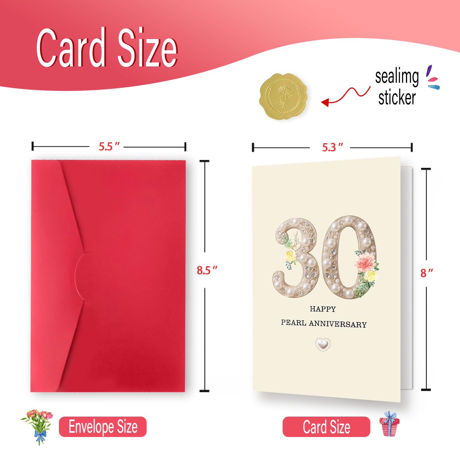 Tarjeta de 30 aniversario, regalo de 30 aniversario de boda, regalo de tarjeta de aniversario de 30 años, aniversario de perlas felices, 8 x 5.3 pulgadas, doble cara