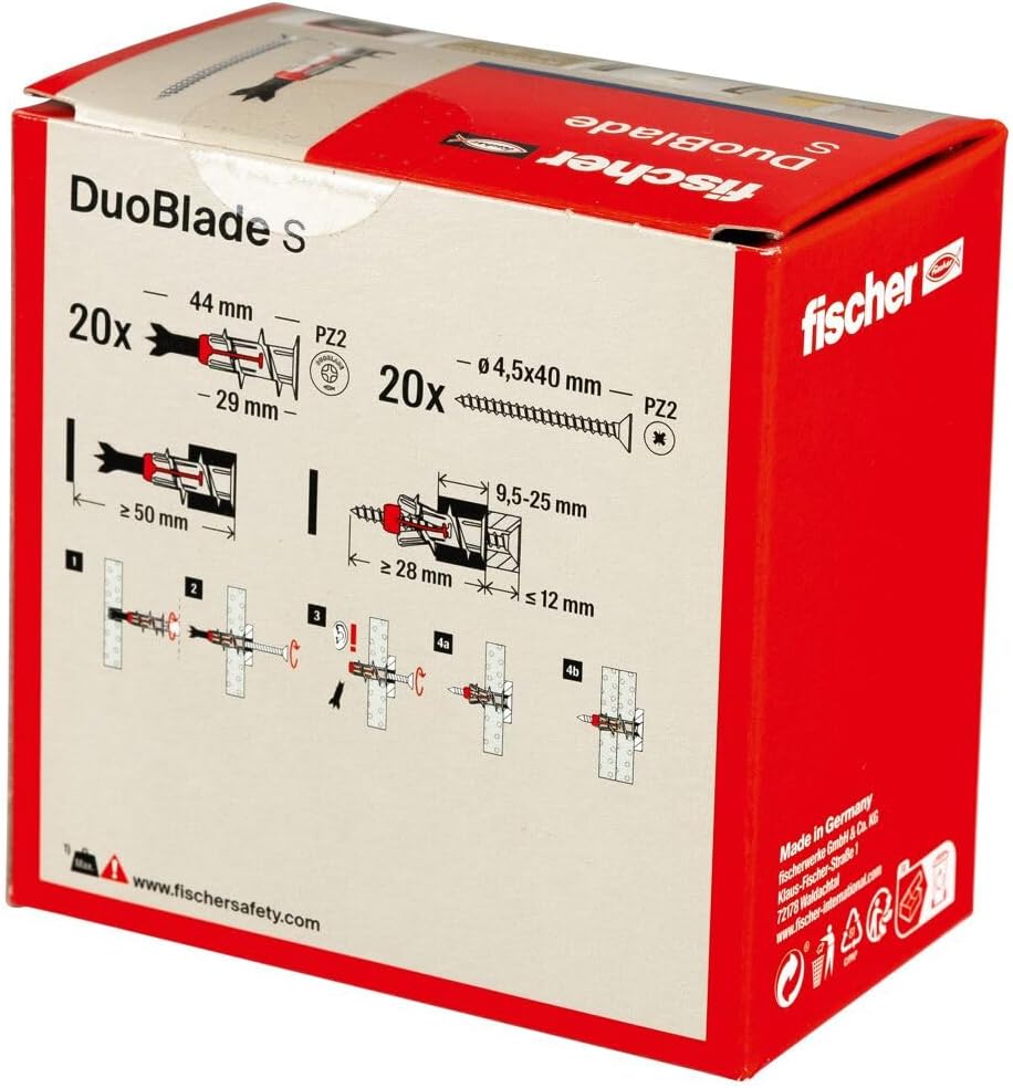 fischer DuoBlade S LD, self-Drilling plasterboard Plug with chipboard Screw, Strong Plug for Fast and Easy Installation in Gypsum plasterboard and Fibre Board, with Metal tip, 20 Plugs + 20 Screws