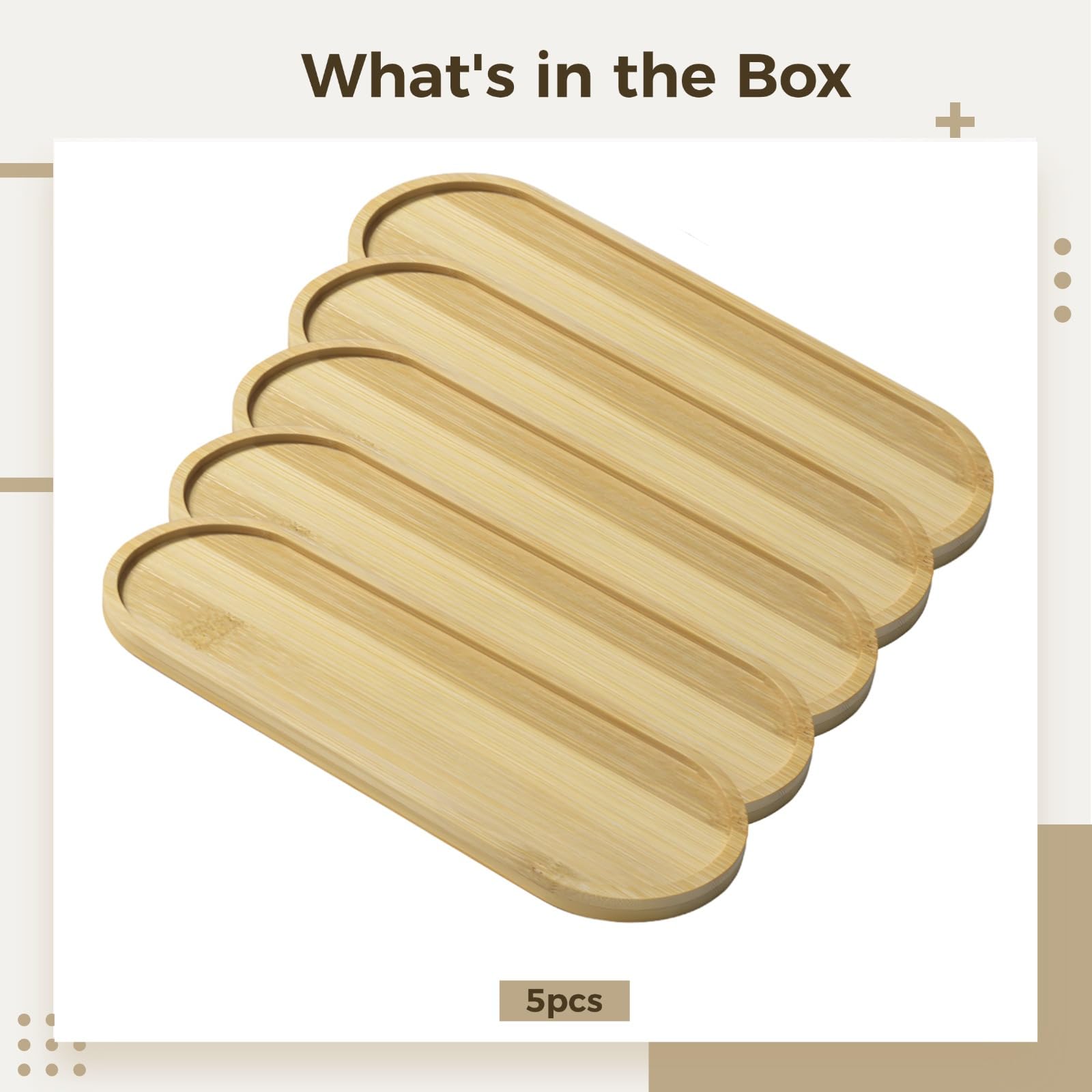 Lot de 5 plateaux de service ovales en bambou lisse en bois d'acacia parfait pour la salle à manger et les travaux manuels Facile à nettoyer 24,9 x 8,9 cm – Idéal pour la maison et la cuisine