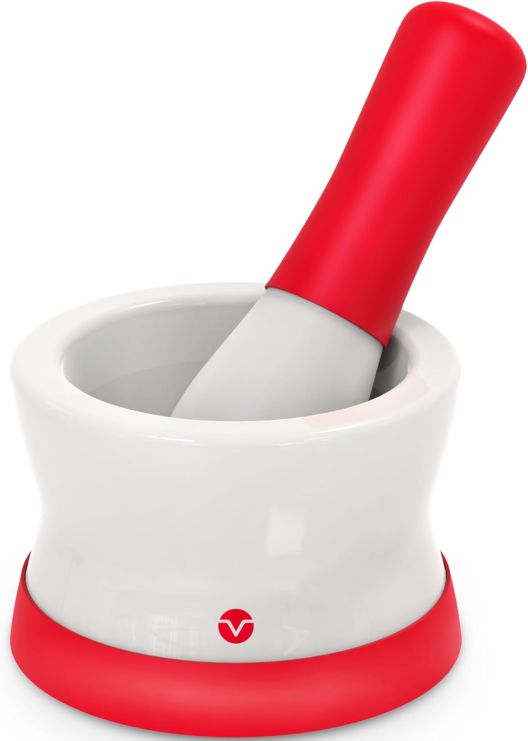 Vremi Mortar and Pestle Set - Porcelain Ceramic Dishwasher Safe Herb Spice Grinder Guacamole Salsa Maker - Apothecary Pharmacy Grade Nonporous with Silicone Base and Grip - White and Red