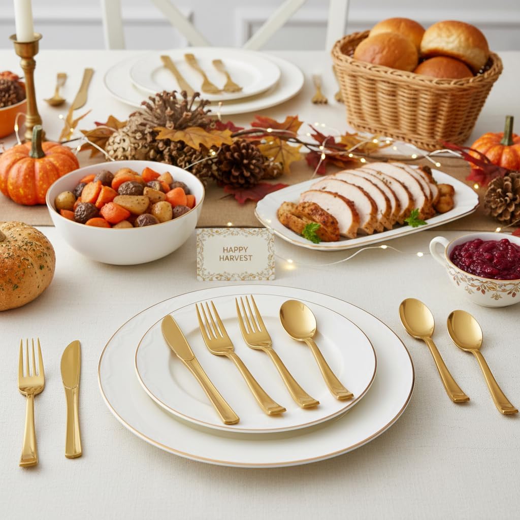 300 Pieces Of Golden Plastic Silverware,Heavy Duty, 100 Forks, 100 Spoons, 100 Knives, Heat-Resistant and BPA-free Disposable Silverware,Party Supplies, High-end Utensils