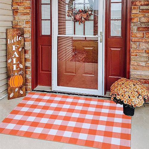Fall Outdoor Orange and White Plaid Rug - 4' x 6' Cotton Hand-Woven Checked Rug Layered Doormats for Front Door Porch Farmhouse Entryway Patio