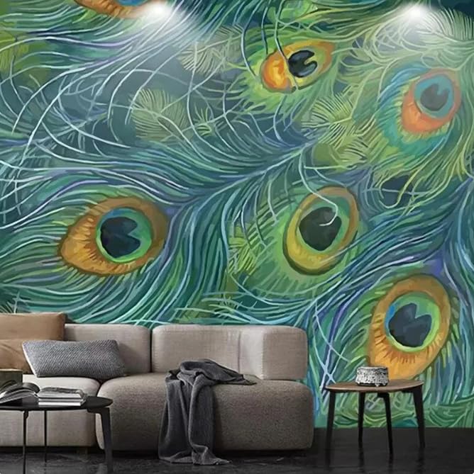 Décoration murale plume de paon rétro 3D pour salon chaleureux - 2