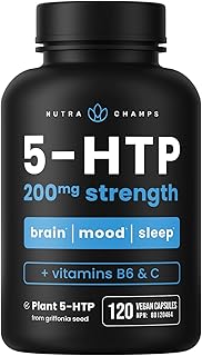 NutraChamps 5-HTP 200mg, 120 Vegan Capsules, Pure 5HTP 100mg Plus Co-Factors Vitamin B6 & Vitamin C