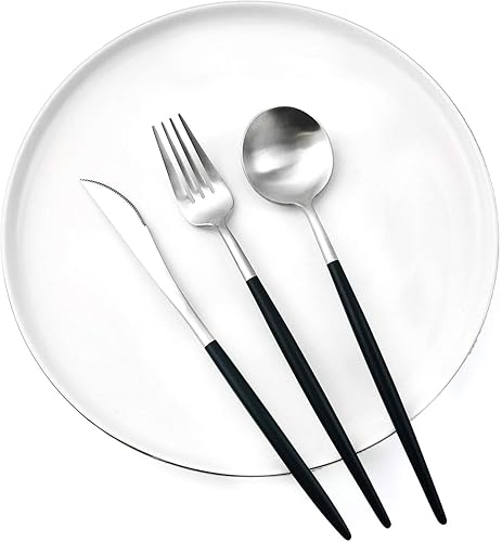 Miniatura 3 de Gugrida Juego de cubiertos de acero inoxidable 18/10 con mango negro mate, 5 piezas, incluye tenedores, cucharas, cuchillos, cubiertos de