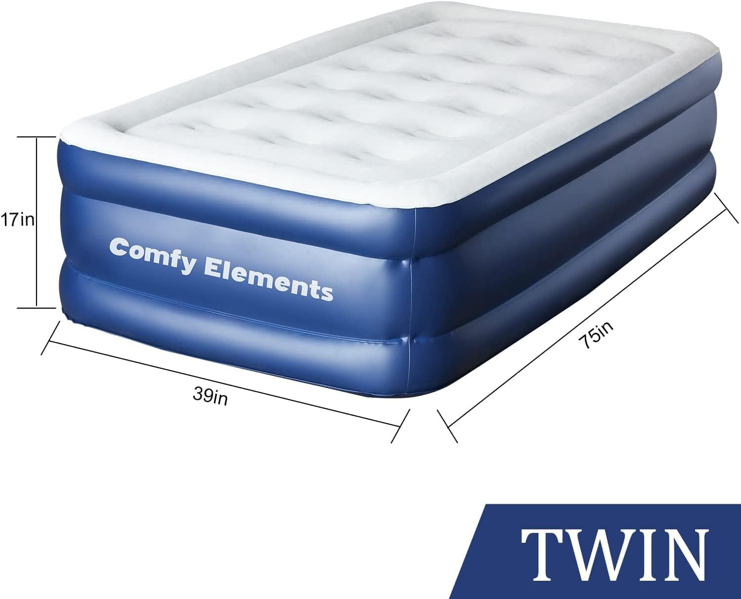 Comfy Elements Twin Size Air Mattress with Built-in Rechargeable Detachable Air Pump, 17”Thickness Camping AirBed Waterproof Blow Up Inflatable Air Bed for Camping, Home & Guests