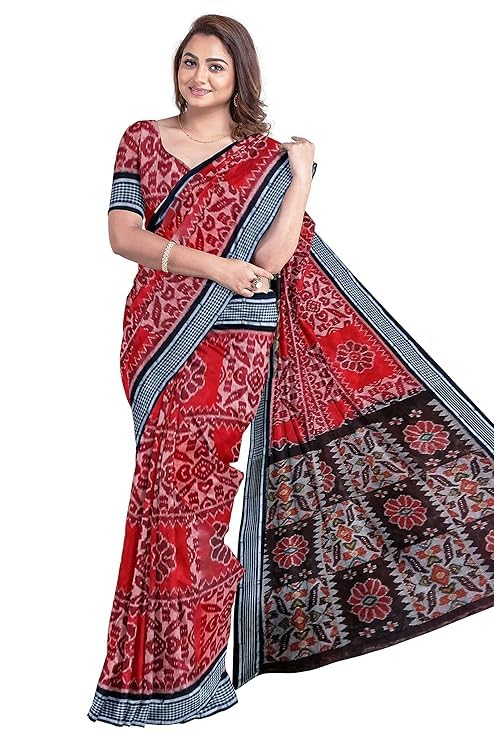 Image of Ikat Women's Cotton Saree, Handmade Pure Cotton Khandua Saree, Ikkat Orissa Traditional Handloom Saree without Blouse