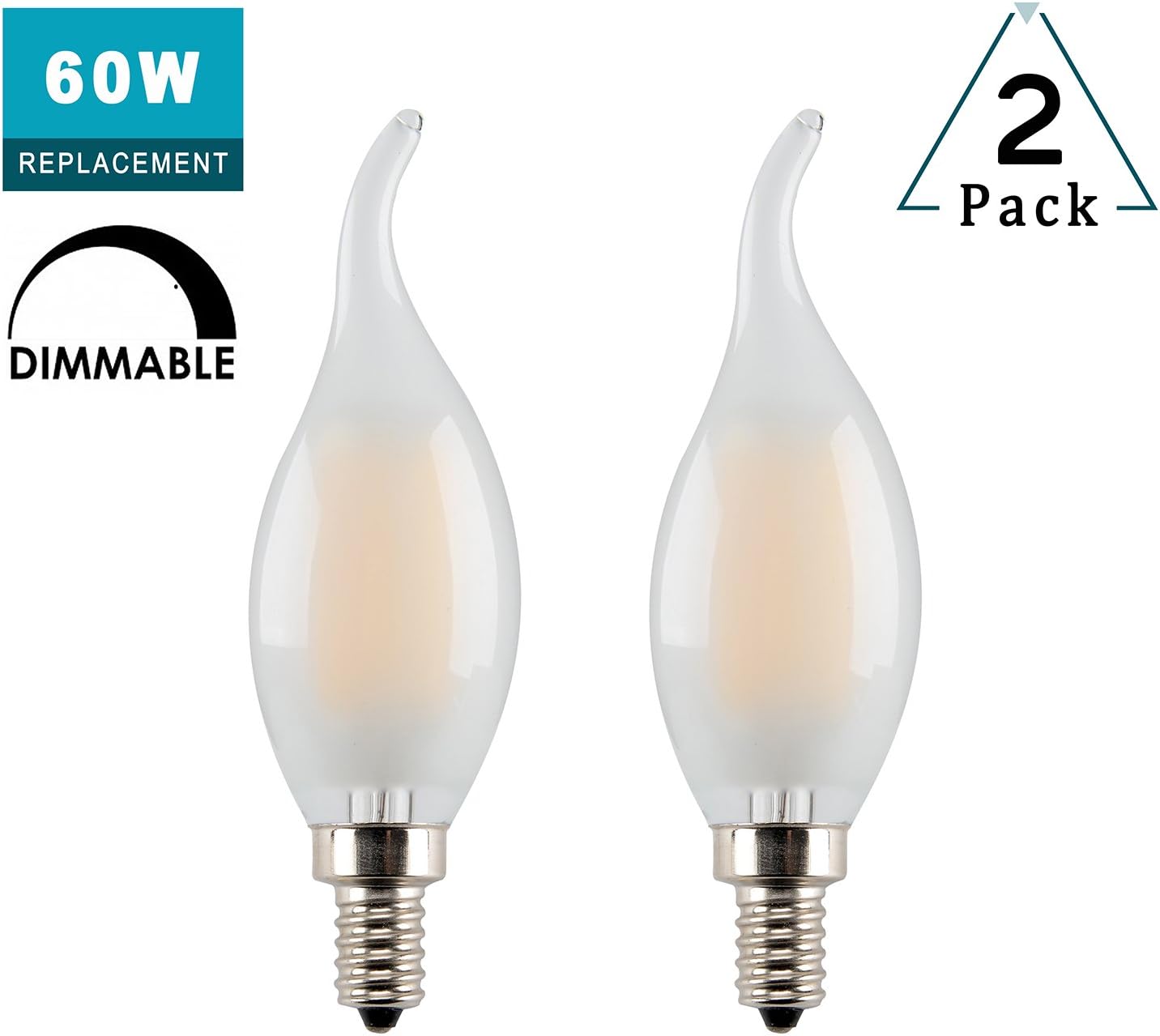 PANLAVIE 6W Dimmable LED Filament Candelabra Bulb, C35/CA10 Dimmable Chandelier Candle Light Bulb, 60W Incandescent Equivalent, 2700K Warm White, E12 Base, Frosted Glass Cover, Flame Tip, Pack of 2