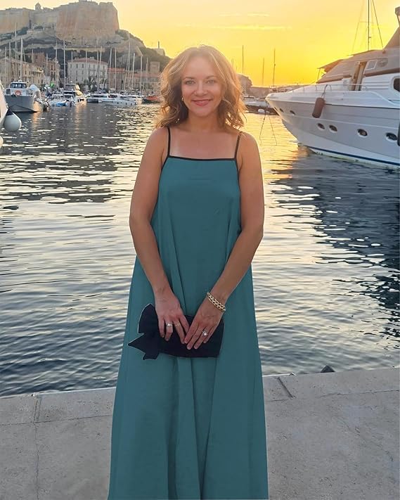 Image of Senllen Women's Linen Dress Summer Loose Flowy Sundress Contrast Spaghetti Strap Sleeveless Backless Beach Maxi Long Dresses